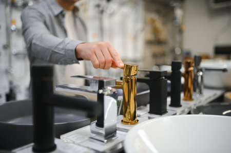 Middle age man choosing bathroom sink and utensils for his home.