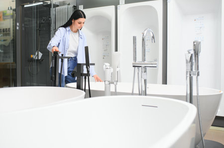 Woman choosing bath in bath showroom, building materials.