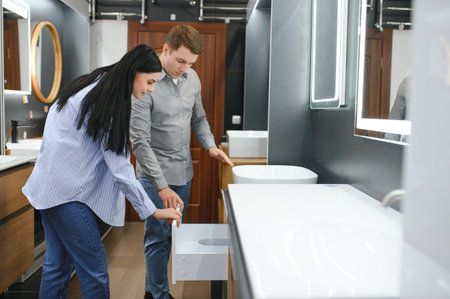 Young family couple choosing bathroom sink in bathroom fixtures store.