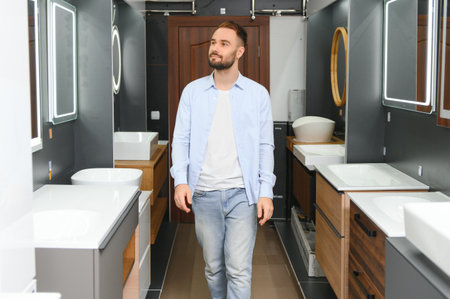 Man choosing bathroom sink and utensils for his home.の写真素材