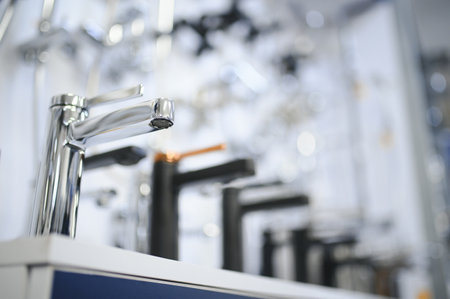 Rows of new faucets in plumbing shop.の写真素材