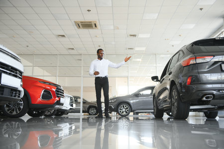 Cars Dealership Concept. Auto Seller Afro Man Standing In Automobile Center.の写真素材