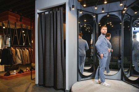 Man trying on suit jacket at mirror in menswear shop.の写真素材