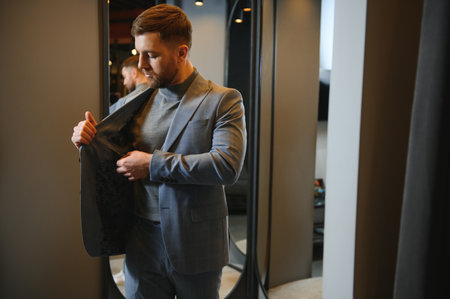 Modern young handsome businessman dressed in classical suit adjusting a tie in front of the mirror while standing in the suit shop.の写真素材