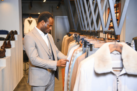 A handsome young African gentleman buying an elegant suit.の写真素材