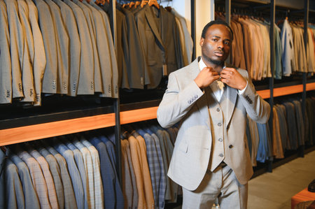 A handsome young African gentleman buying an elegant suit.の写真素材