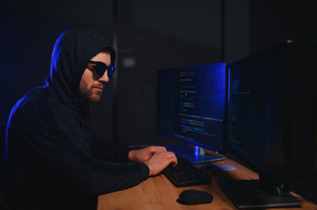 hacker sitting at desk in dark atmosphere. A computer programmer or hacker. Anonymous computer hacker. Hacker in dark roomの写真素材
