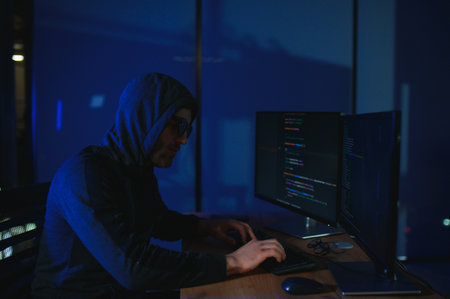 Hacker is hacking into the computer network. Computer criminal.