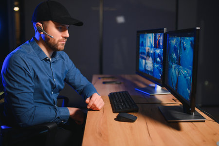 Rear view of security system operator looking at CCTV footage at desk in office.の写真素材
