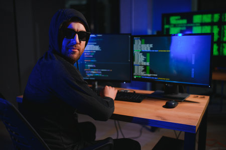 Wanted hackers coding virus ransomware using laptops and computers. Cyber attack, system breaking and malware concept.の写真素材
