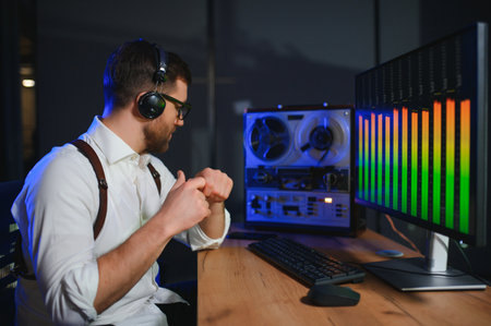 Secret agent listens on the reel tape recorder. Officer wiretapping in headphones. Spying of conversations. Intelligence gathering. Espionage concept.の写真素材