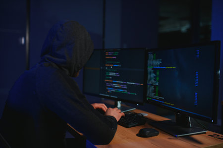 hacker sitting at desk in dark atmosphere. A computer programmer or hacker. Anonymous computer hacker. Hacker in dark roomの写真素材