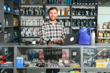 Smiling Salesman Auto Parts Store.の写真素材