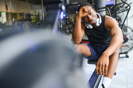 Tired, breathing and fitness gym man taking a break from workout.