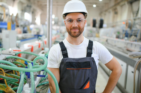 Smiling and happy employee. Industrial worker indoors in factory. Young technician with hard hat.