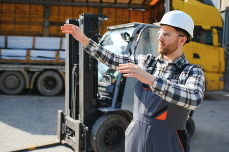 Man worker at forklift driver happy working in industry factory logistic ship.