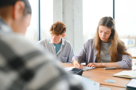 group of young college students in classroom.