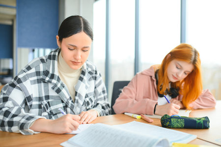 Students studying in library or classroom.