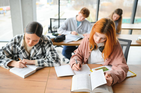 students sit at shared desk making notes studying together at university.の写真素材