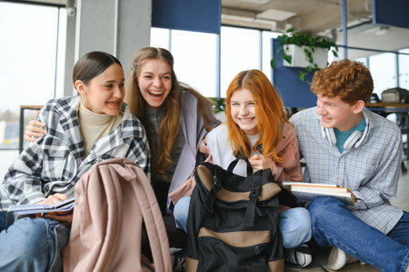 A group of cheerful student friends are sitting on the floor in a classroom.の写真素材