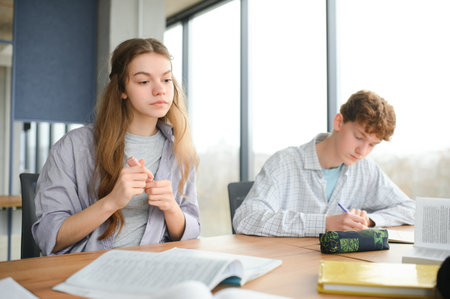 students sit at shared desk making notes studying together at university.の写真素材