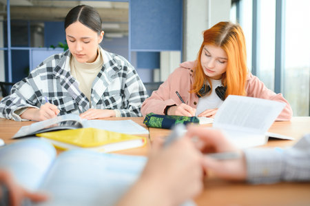 students sit at shared desk making notes studying together at university.