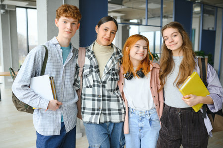 Happy high school students in the classroom.の写真素材