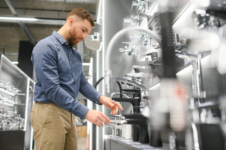 A large selection of water faucets. Man chooses a products in a sanitary ware store.
