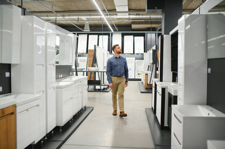 Man choosing bathroom sink and utensils for his home.の写真素材