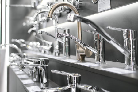 Water taps of different types and shapes on the counter in the store. Retail trade in sanitary ware....