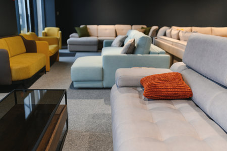 Interior of furniture salon shopping room with sofas.の写真素材