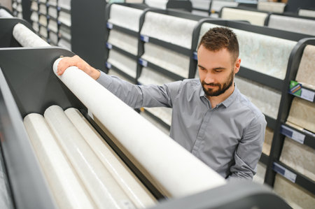 a man chooses wallpaper for pasting walls in a hardware store.