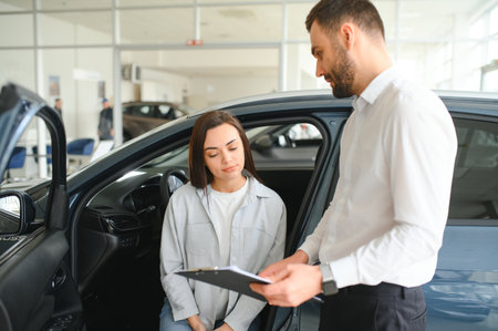 Satisfied happy caucasian female client customer woman sitting at the wheel of new car male shop...