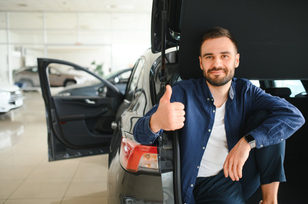 Man adult customer male buyer client wears chooses auto wants to buy new automobile touch check car...