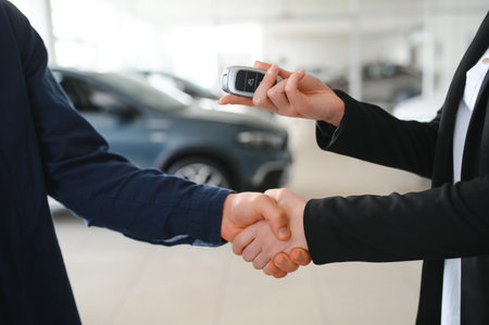 Car rental service concept. Close up view Hand of agent giving car key to customer after signed rental contract form.の写真素材