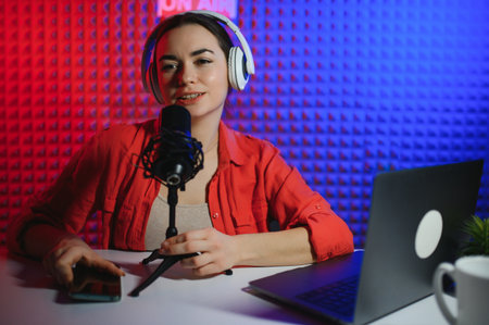 Young creative woman live streaming a video for her followers on social media.の写真素材