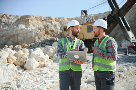 Portrait of stone quarry workers standing on the background of an excavator.
