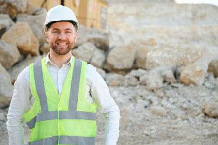 Worker in hardhat standing in stone quarry.の写真素材