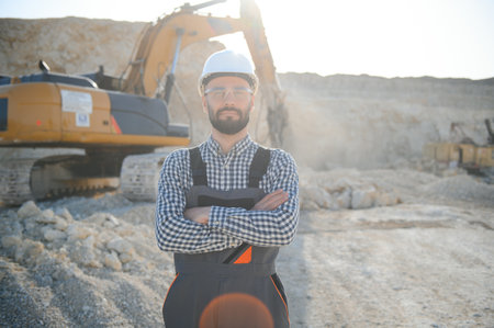Worker in hardhat standing in stone quarry.
