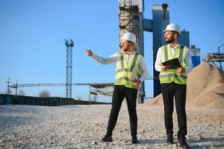 Two engineers at a stone crushing plant. The concept of quarrying