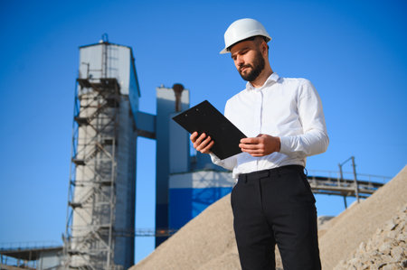 Engineer on an industrial background. Stone crushing and screening plant.