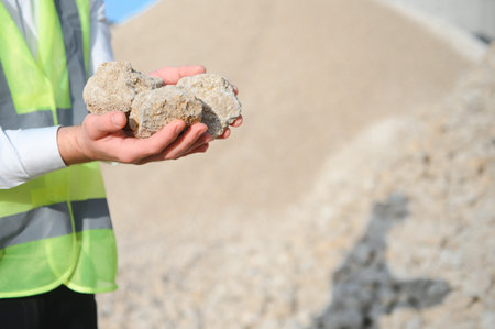An engineer at a crushed stone or gravel plant. Stone mining.の写真素材