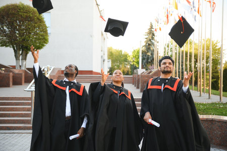 group of happy international students in bachelor gowns throwing mortar boards up.