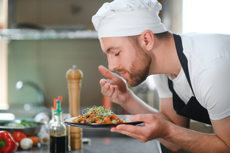 Food concept. One young chef dressed in uniform holding in his hands ready dish in restaurant.の写真素材