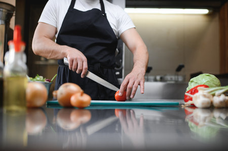 Chef cook preparing vegetables in his kitchen.