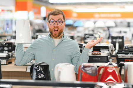Man choosing electric kettle at store.