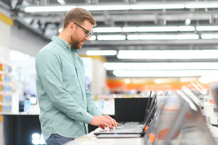 Client choosing laptop in store.