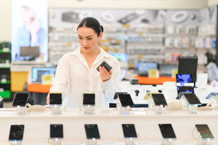 woman chooses new smartphone in store of household appliances, electronics and gadgets.