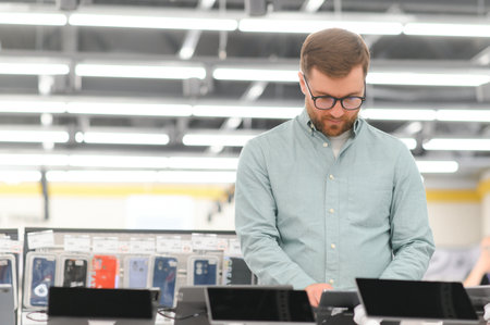 Client with tablet choosing gadgets in shop.