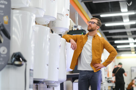 Plumber with boilers, plumbering storeの写真素材